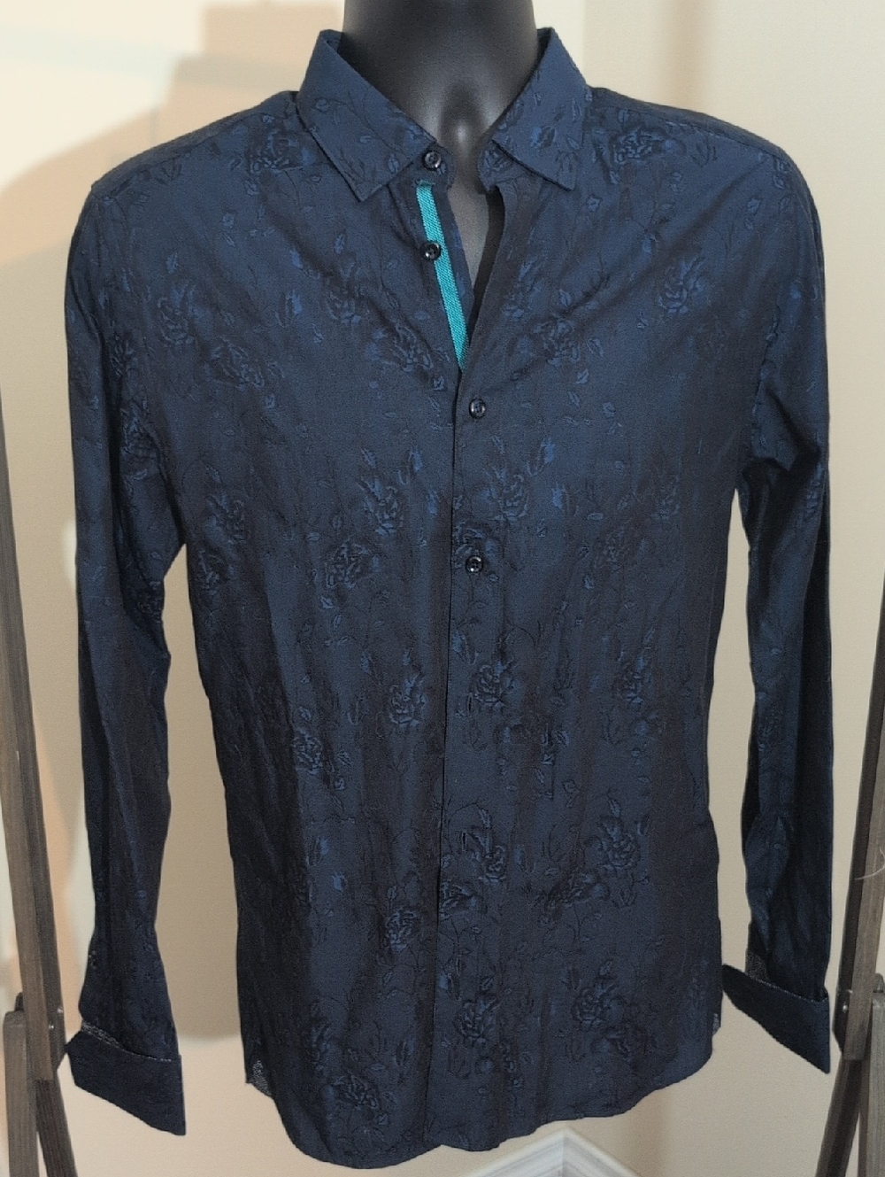Ted Baker | Men's Navy Blue Floral Jacquard Long-Sleeve Shirt Modern Fit